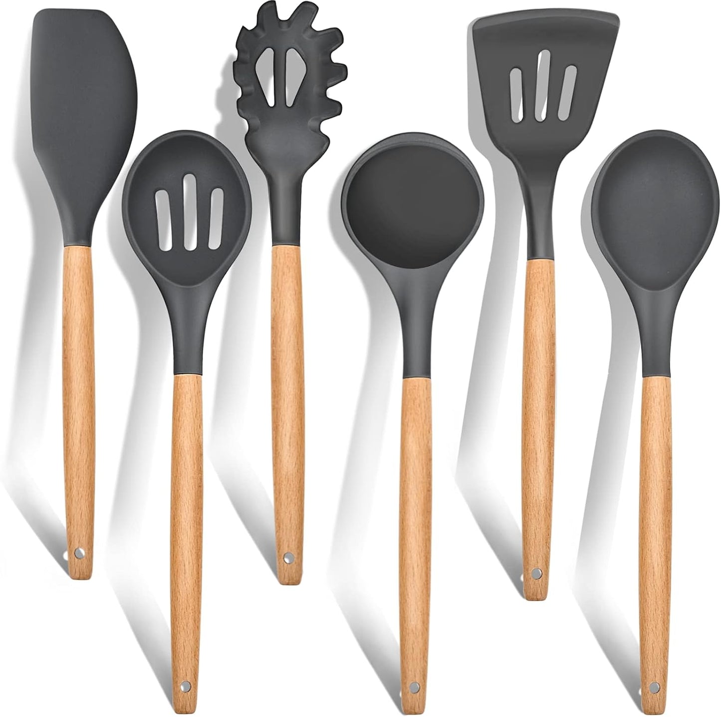 E-far Cooking Utensils Set of 6, Silicone Kitchen Utensils with Wooden Handle, Non-stick Cookware Friendly & Heat Resistant, Includes Spatula/Ladle/Slotted Turner/Serving Spoon/Spaghetti Server(Khaki)