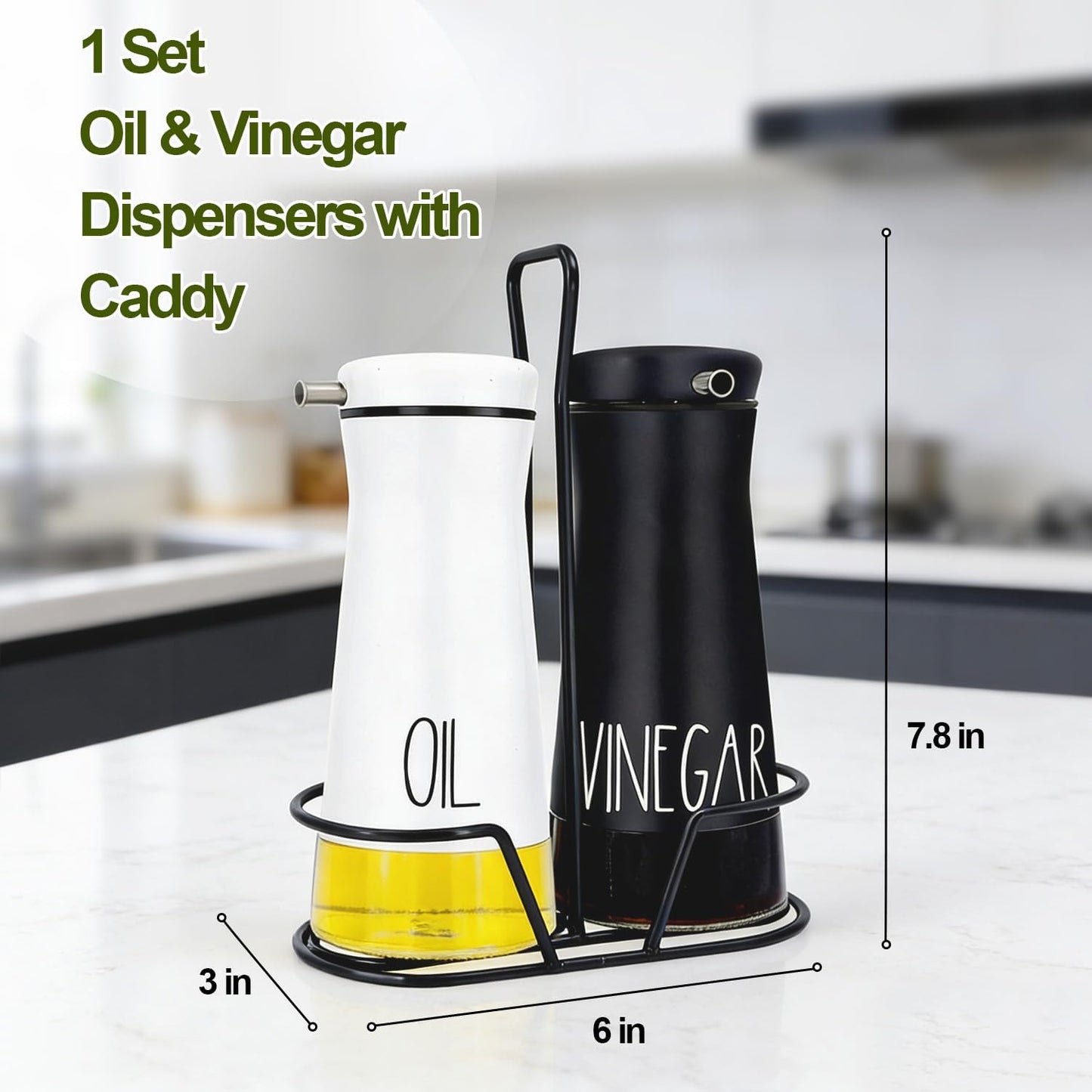 Aelga Oil And Vinegar Dispenser Set with Caddy - 2 Pack Oil Dispenser Bottle for Kitchen with No-Drip - Kitchen Decor and Accessories for Home Restaurants Weddings