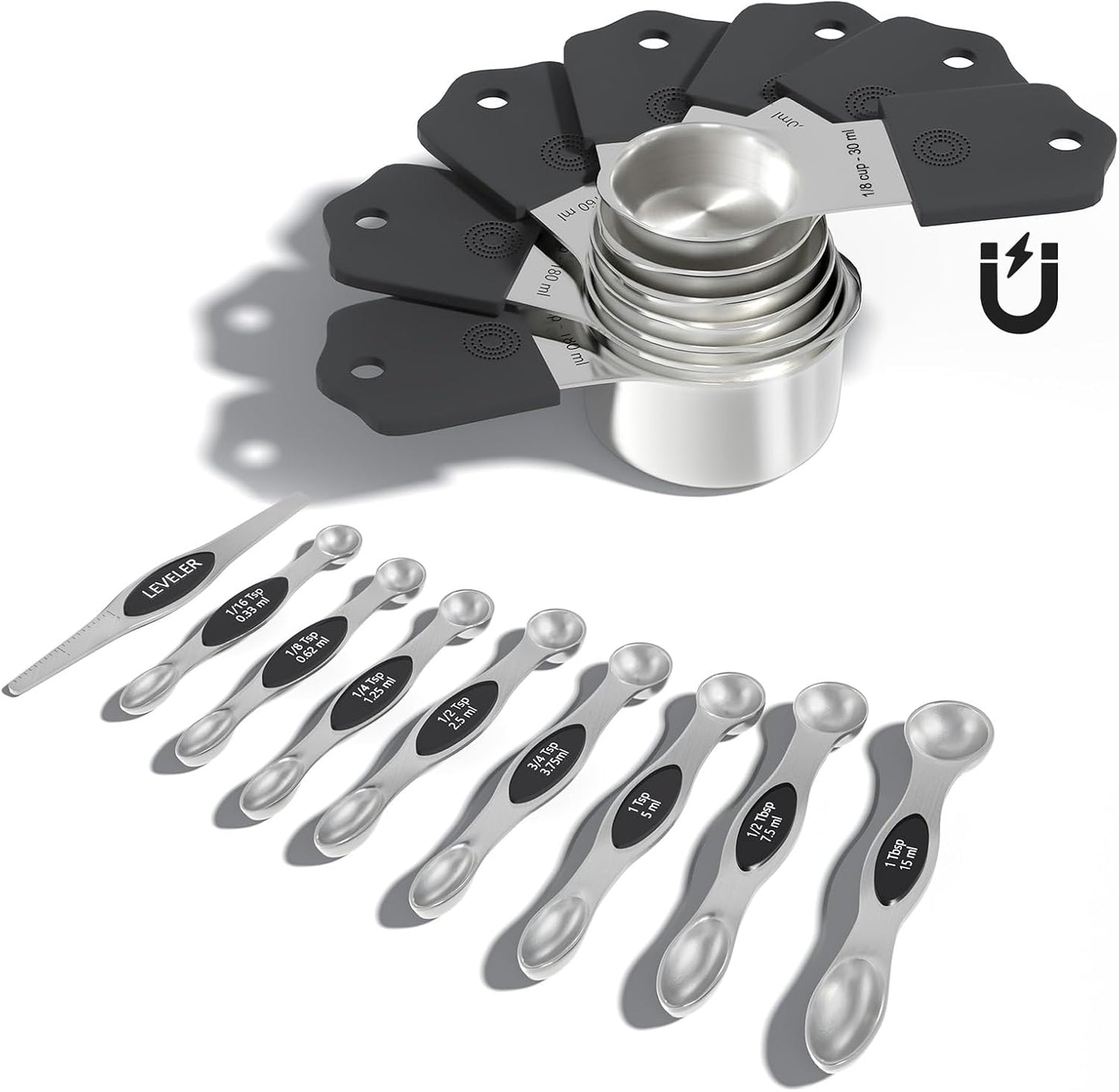 ENLOY Stainless Steel Measuring Cups and Spoons Set of 10 Piece, Soft Silicone Handles and Clearly Scale, Nesting Liquid Measuring Cup Set or Dry Measuring Cups Set (Black)