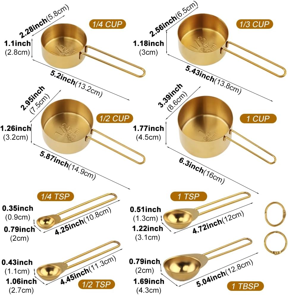 8pcs Measuring Cups and Spoons Set, Stainless Steel Measuring Cup Coffee Spoon Kitchen Gadgets, Stackable Measurin-g Cup Cooking Baking Accessories, Easy To Read(COLOR:gold)