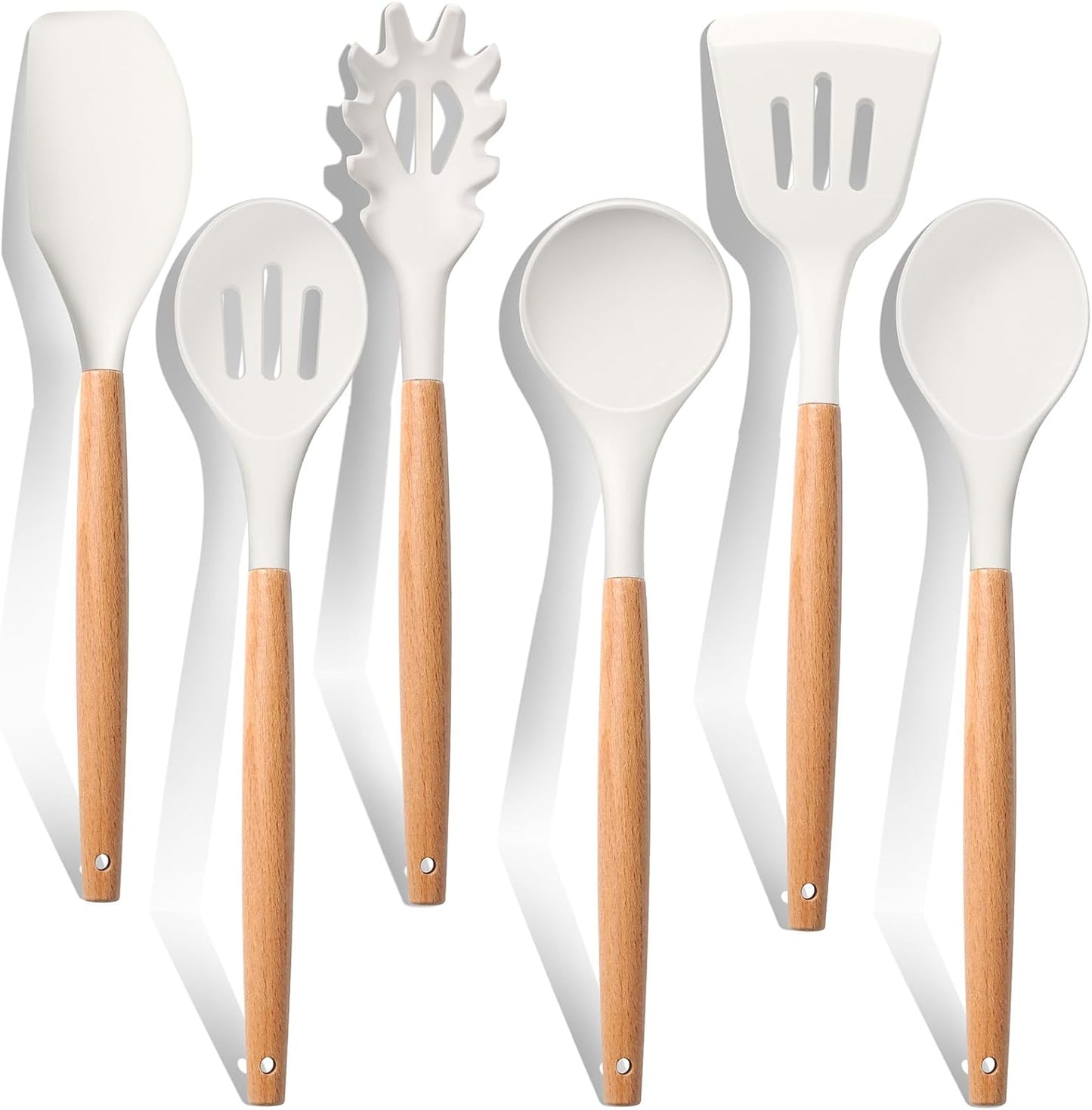 E-far Cooking Utensils Set of 6, Silicone Kitchen Utensils with Wooden Handle, Non-stick Cookware Friendly & Heat Resistant, Includes Spatula/Ladle/Slotted Turner/Serving Spoon/Spaghetti Server(Khaki)