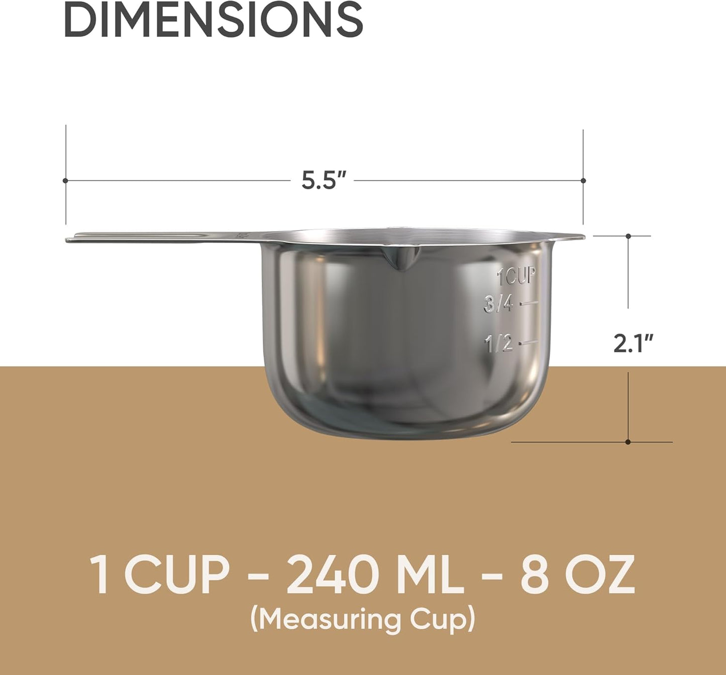 Color Up 2 Cup Measuring Cup, 480ml Stainless Steel Metal, Easy-Pour Spouts, Engraved Markings, Flat Base, Dishwasher Safe, for Dry and Liquid Ingredients