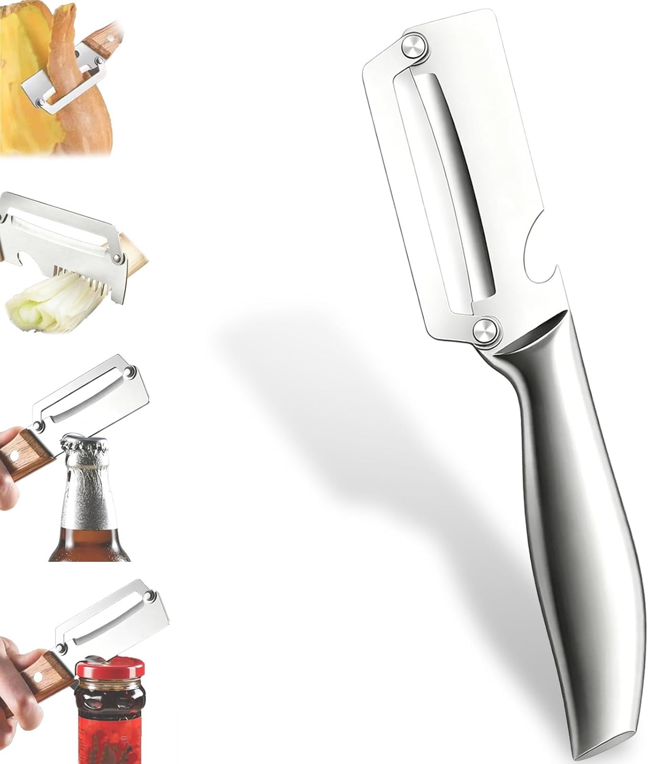 Multifunctional Vegetable Peeler With Wooden Handle, 3 In 1 Stainless Steel Sharp Knife For Fruit And Hard Skinned Produce, Kitchen Tool With Bottle Opener (2pcs)