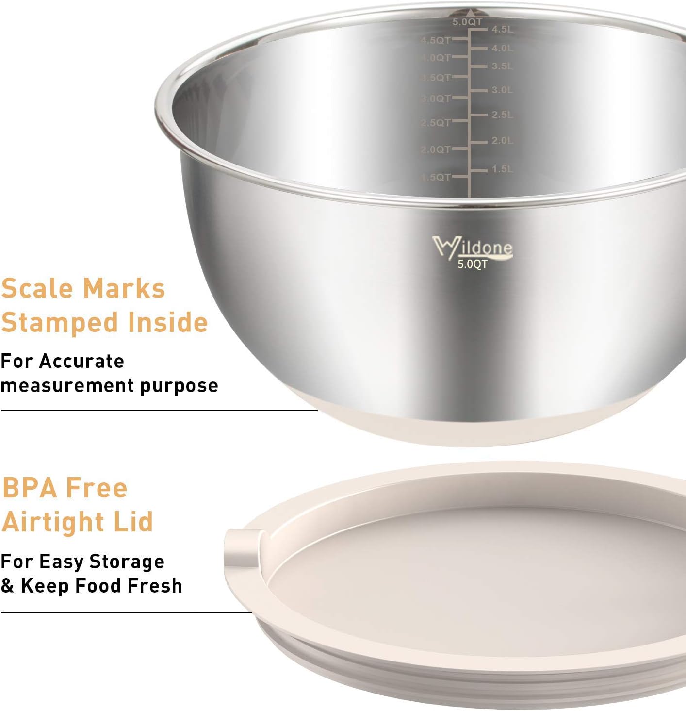 Wildone Mixing Bowls with Airtight Lids Set, 5PCS Stainless Steel Khaki Nesting Bowls for Kitchen, with Grater Attachments & Non-Slip Bottoms, Size 5, 3, 2, 1.5, 0.63 QT, Great for Mixing & Serving