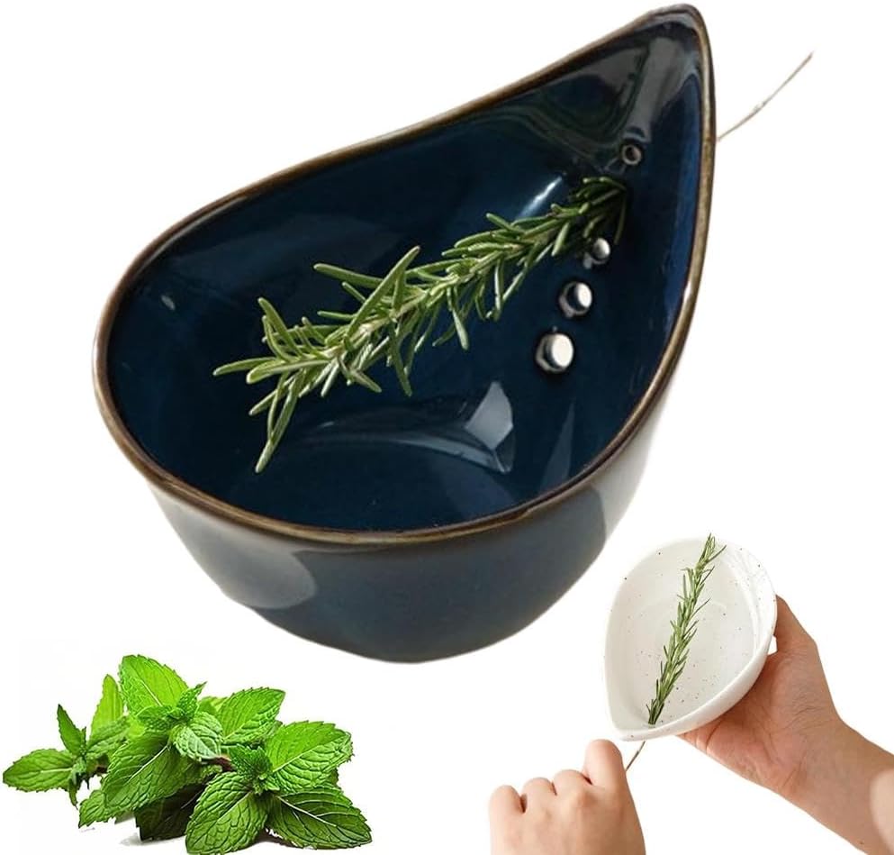 Pottery Herb Stripper Bowl, Handmade Ceramic Herb Peeling Bowl, Herbs Stripper Tool 5 Holes for Separating Leaves and Stems, Pottery Kitchen Tool for Meal Prep, Kitchenware for root removal