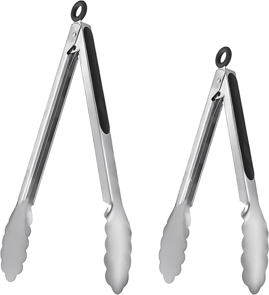 ALLTOP Metal Cooking Tongs,Stainless Steel Food Tong with No-slip Silicon and Locking Ring for Kitchen - 9 &12 inch,Set of 2-Black