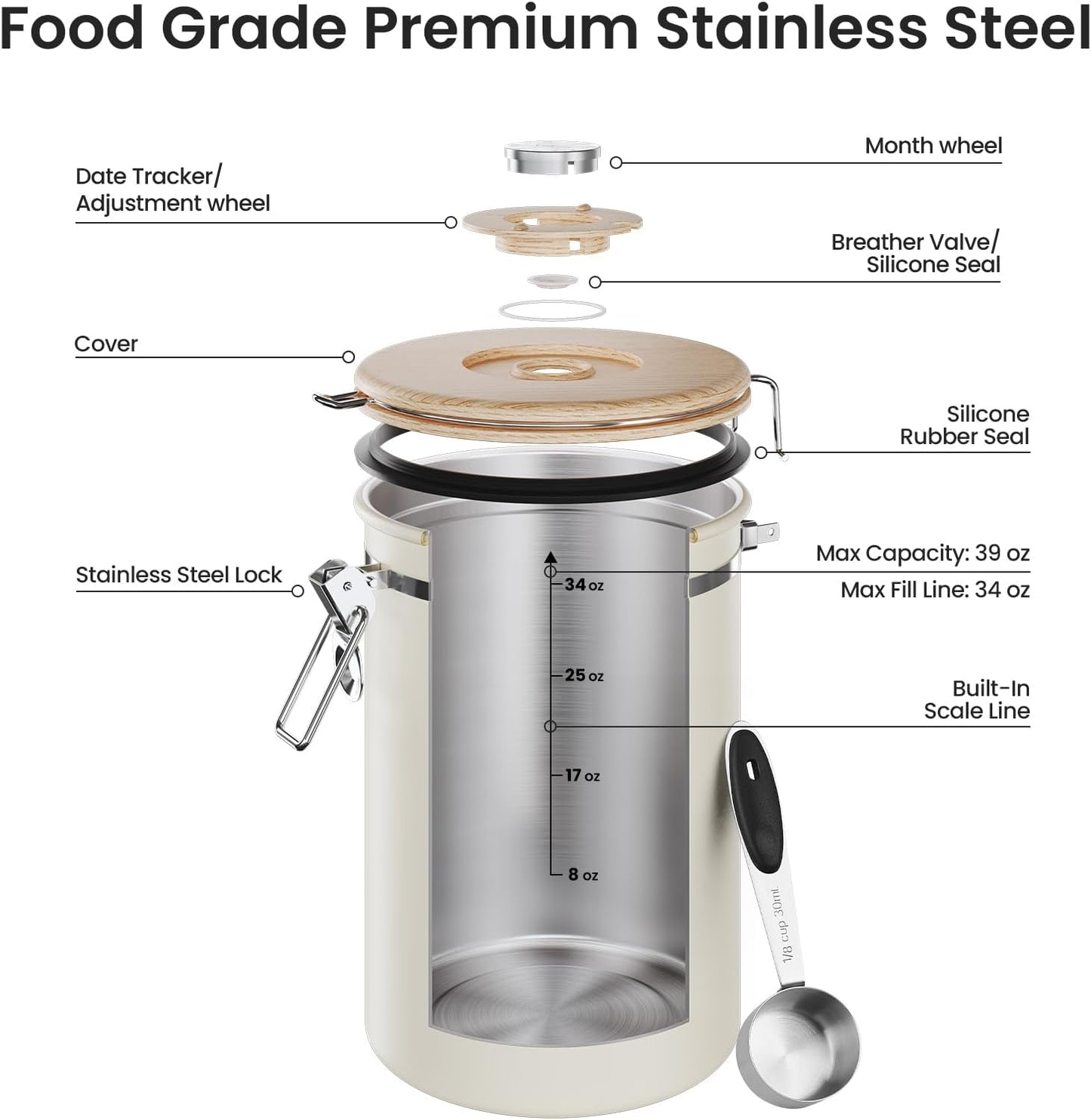 Veken Coffee Canister, Airtight Stainless Steel Kitchen Food Storage Container with Date Tracker and Scoop for Beans, Grounds, Tea, Flour, Cereal, Sugar, Cookie, 16OZ, Cream