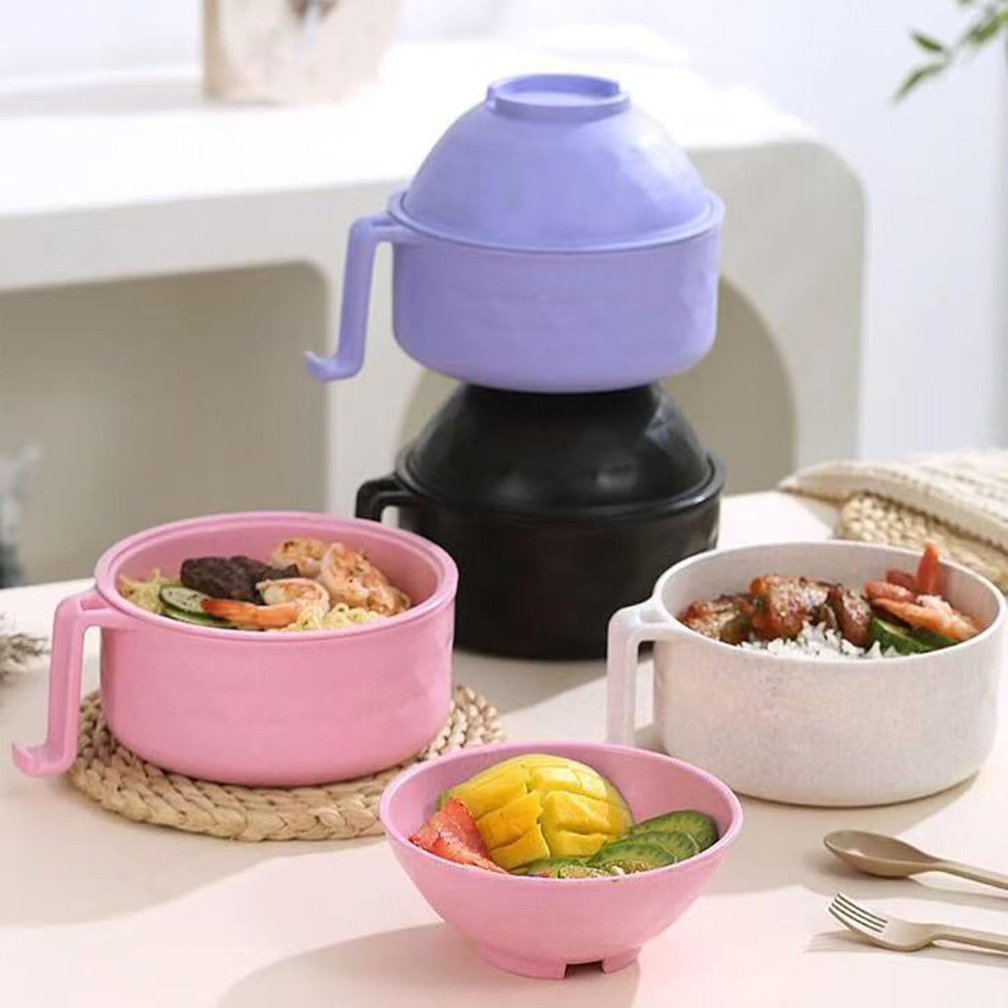 Microwave Ramen Bowl,Microwave Ramen Cooker with Lid,Plastic Mixing Salad Pasta Fruit Rice Cereal Instant Noodles Soup Maker Plate Bowls Set Kitchen College Dorm Room Essentials,Purple