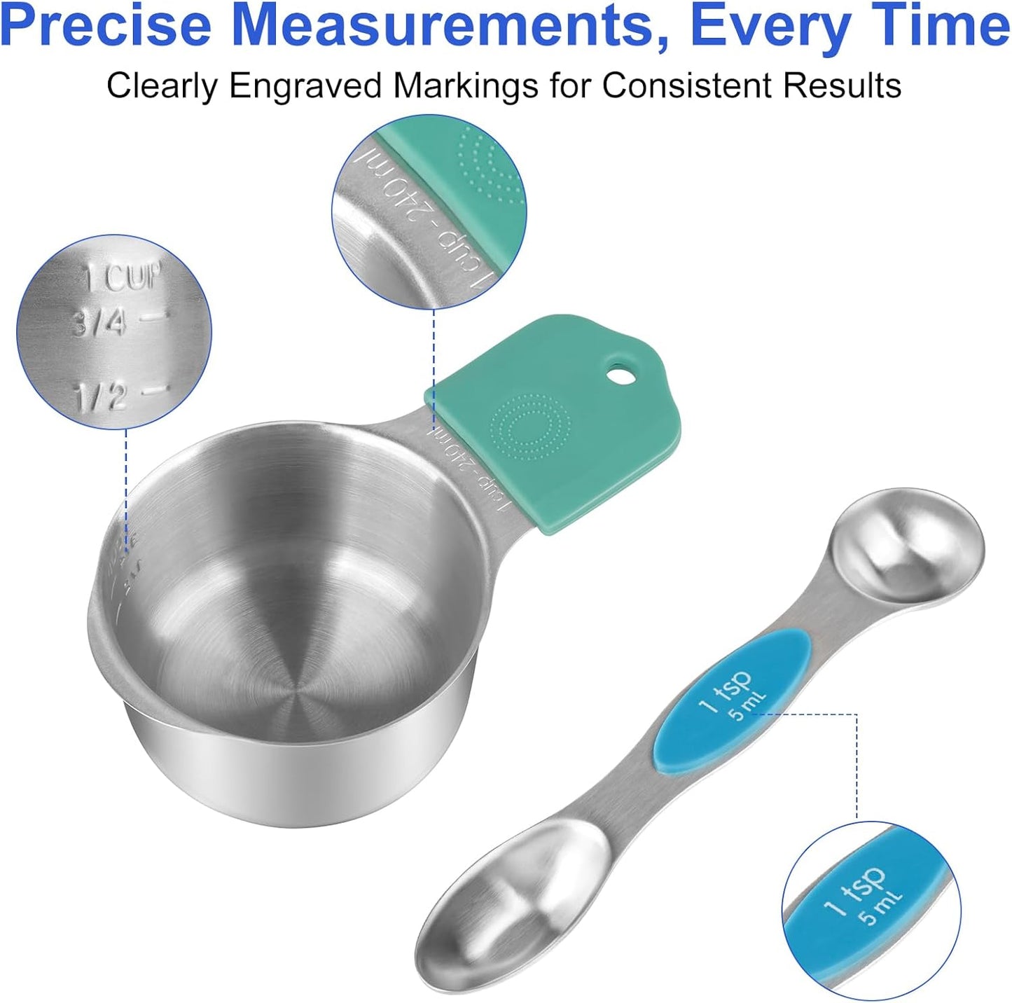 Magnetic Measuring Cups & Spoons Set, Strong N45 Magnets, Heavy Duty Stainless Steel Fits in Spice Jars for Baking & Cooking, BPA Free, Round Set of 15 with Leveler,Dark Black