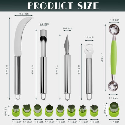 14PCS Fruit Carving Tools Set, Stainless Steel Melon Baller Scoop Set, Fruit Cutters Shapes, Cantaloupe Cutter Slicer Tool Piranha Spiral Cutter and V-Tool for Fruits Vegetable Sculpting