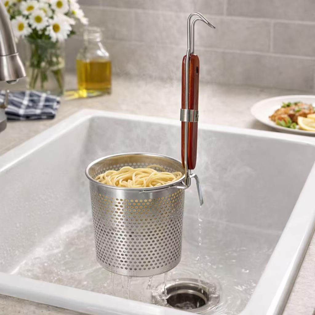 Mesh Pasta Basket Food Strainer Insert For Pot, Colander with Round Wooden Handle Stainless Steel Mesh Spider Strainer for Pasta Noodles Dumpling Vegetable