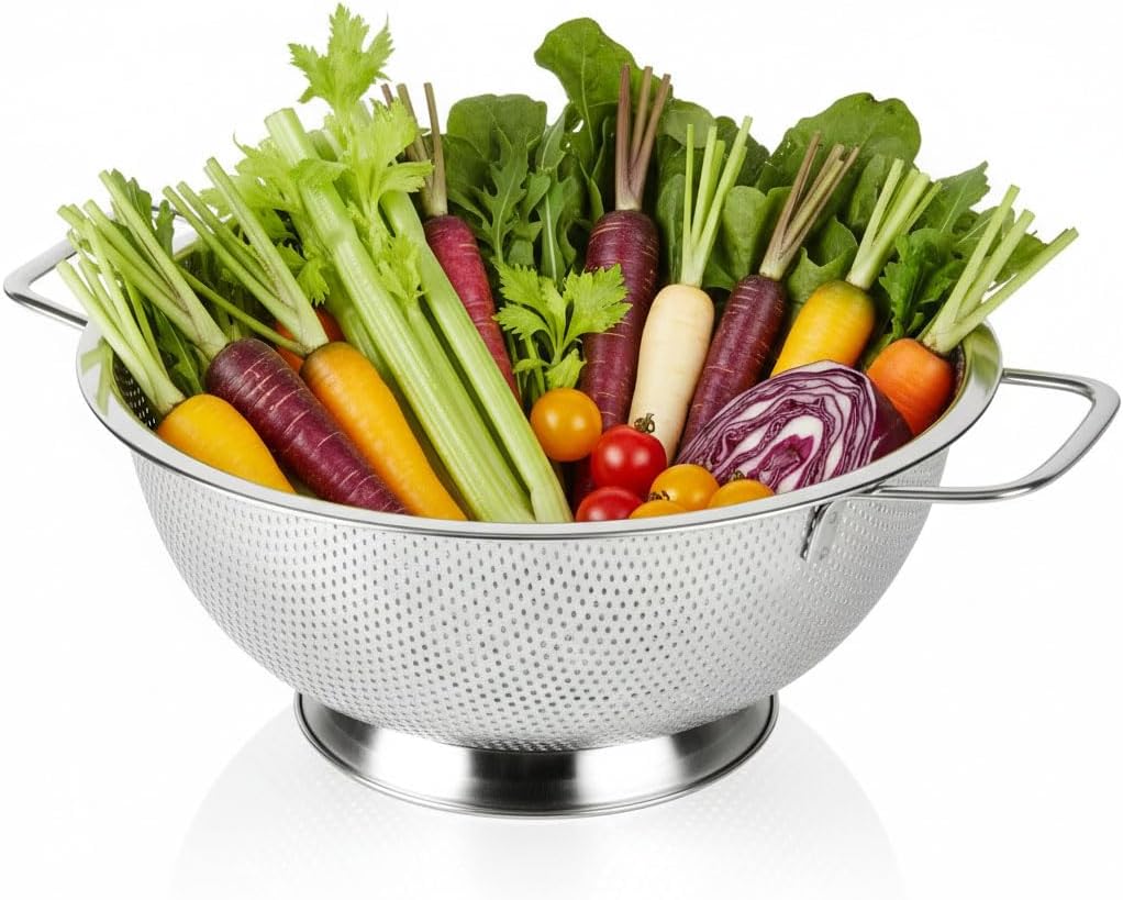 5-Quart Colander for Kitchen, Stainless Steel Colander with Base, Pasta Strainer with Handle, Food Strainer for Spaghetti, Vegetables, Fruit