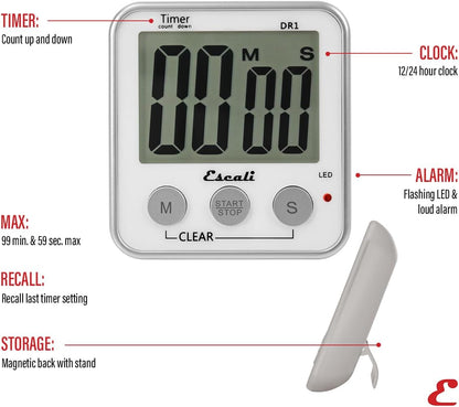 Escali Extra Large Display Digital Kitchen Timer with Clock Mode, Recall Timer Magnetic Back