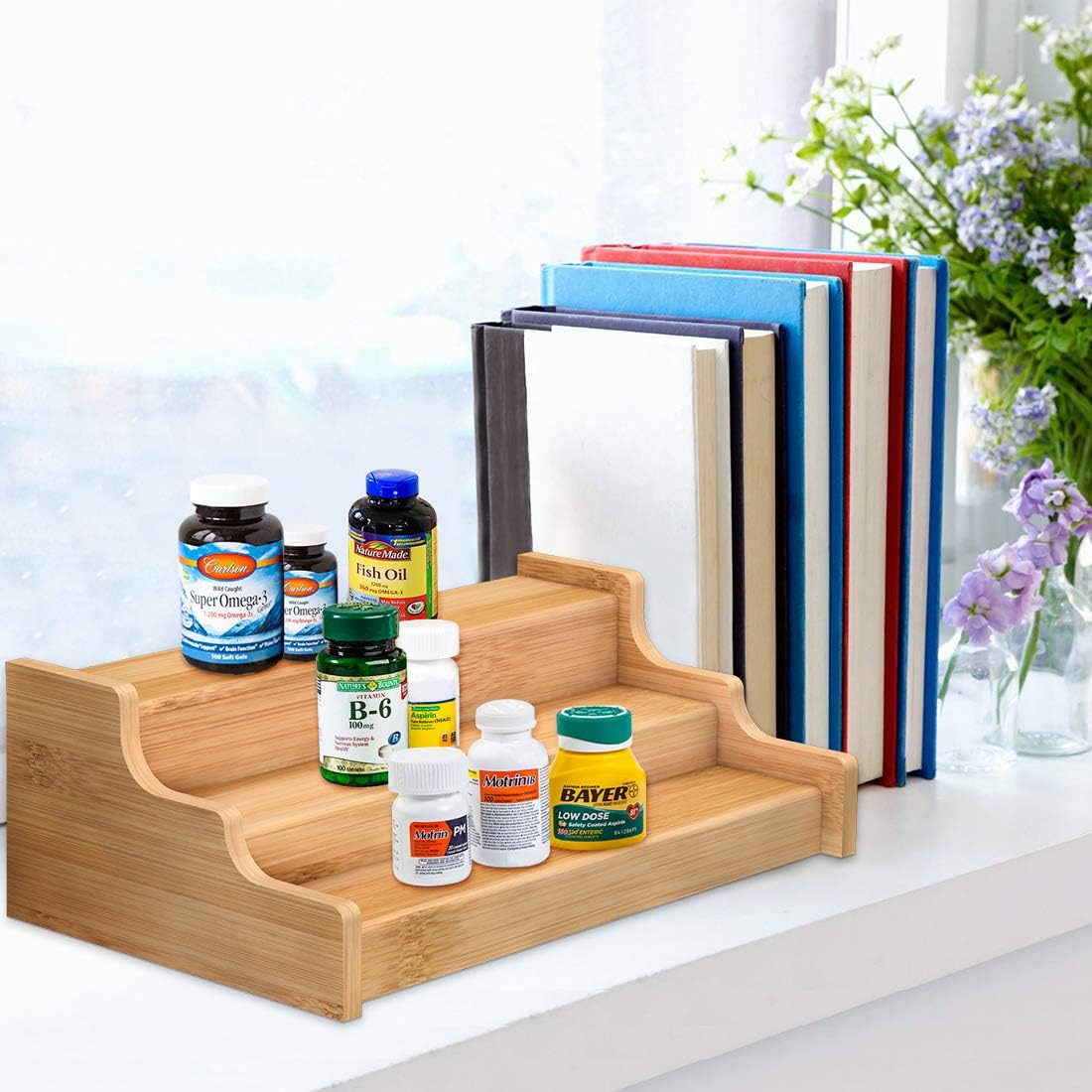 Spice Rack Kitchen Cabinet Organizer- 3 Tier Bamboo Expandable Display Shelf Yellow