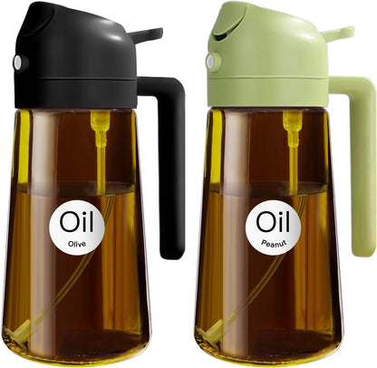YARRAMATE 2Pcs 16oz/470ml Dark Brown Oil Sprayer for Cooking with Stickers, Food-grade Premium 2 in 1 Olive Oil Dispenser Bottle for Kitchen Gadgets, Air Fryer, Salad, Frying, BBQ (Black&OliveGreen)