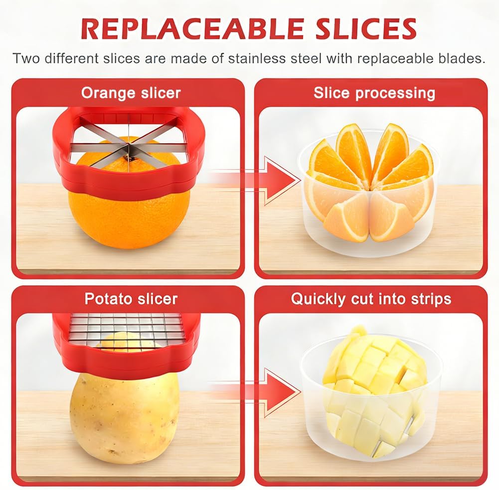Orange Slicer,Lemon/Lime Slicer,Apple-Slicers,Potato French Fry Cutter,Veggie Chopper,Spam Slicers,Fruit Splitter Onion Cut,Strawberry Slicing Kitchen Gadgets for Fruit Vegetable,w/ 2 Slice