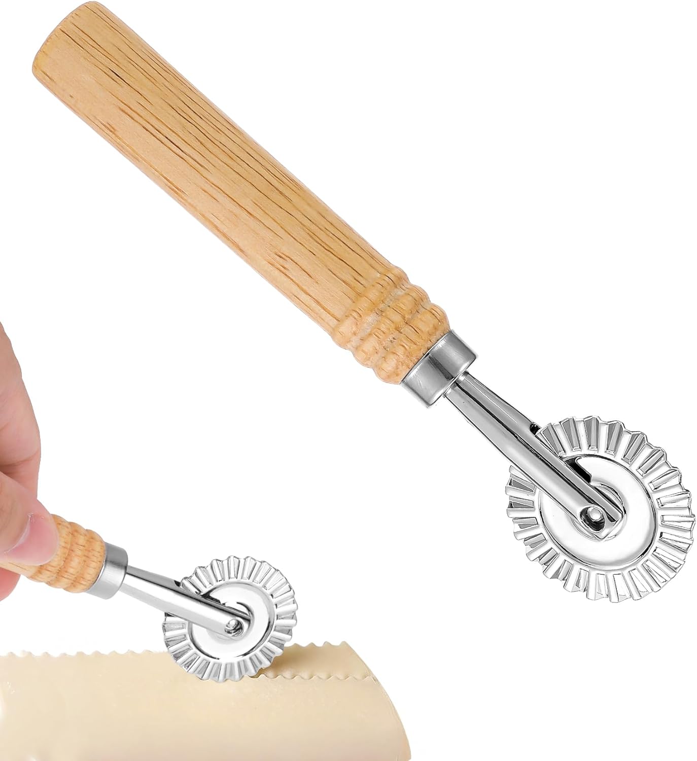 Fluted Pastry Wheel, Pastry Wheel Cutter Tool with Long Wooden Handle, Kitchen Cutter Tool for Pasta, Dumplings and Baking