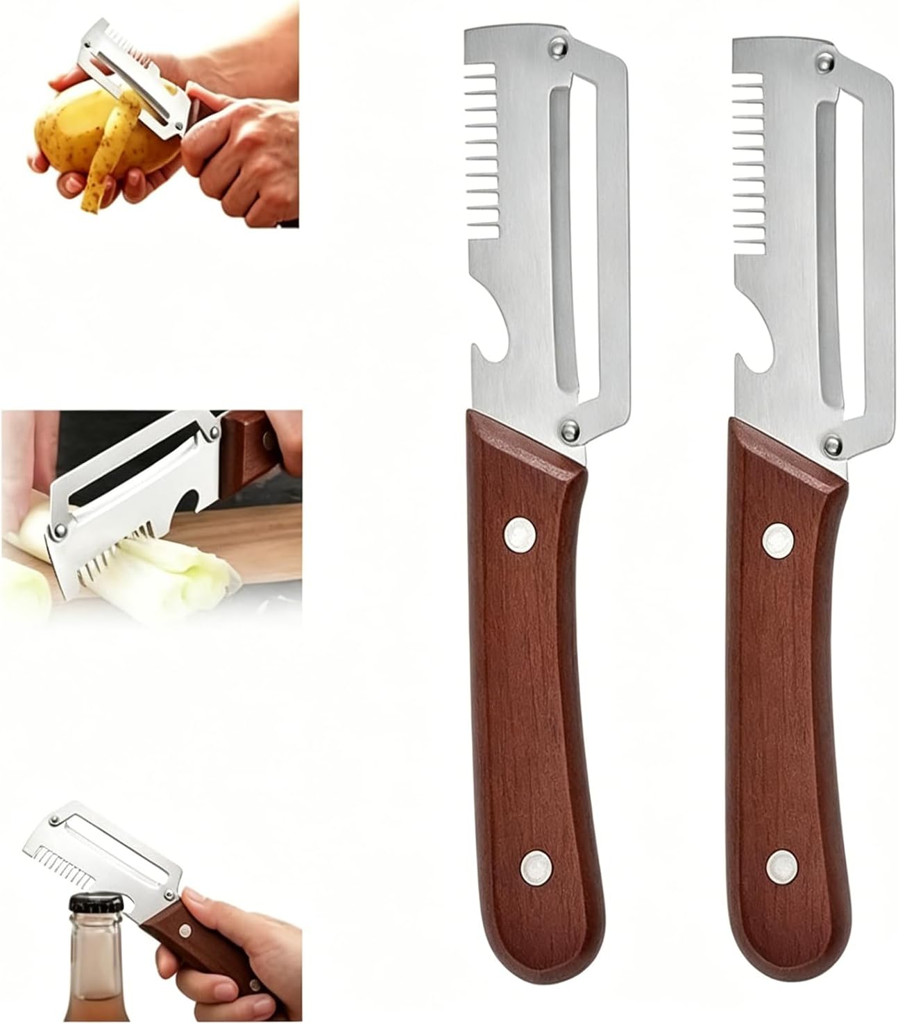 2026 Upgraded Multi-Functional Vegetable Peeler, Premium Peeler with Wooden Handle & Bottle Opener, Non-slip Kitchen Gadget for Potato, Carrot, Pumpkin and Fruit Peeling, 2 Pack