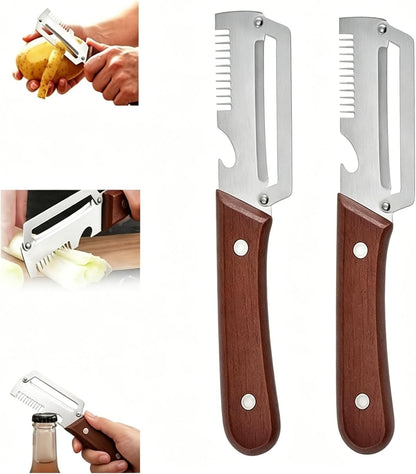 2026 Upgraded Multi-Functional Vegetable Peeler, Premium Peeler with Wooden Handle & Bottle Opener, Non-slip Kitchen Gadget for Potato, Carrot, Pumpkin and Fruit Peeling, 2 Pack
