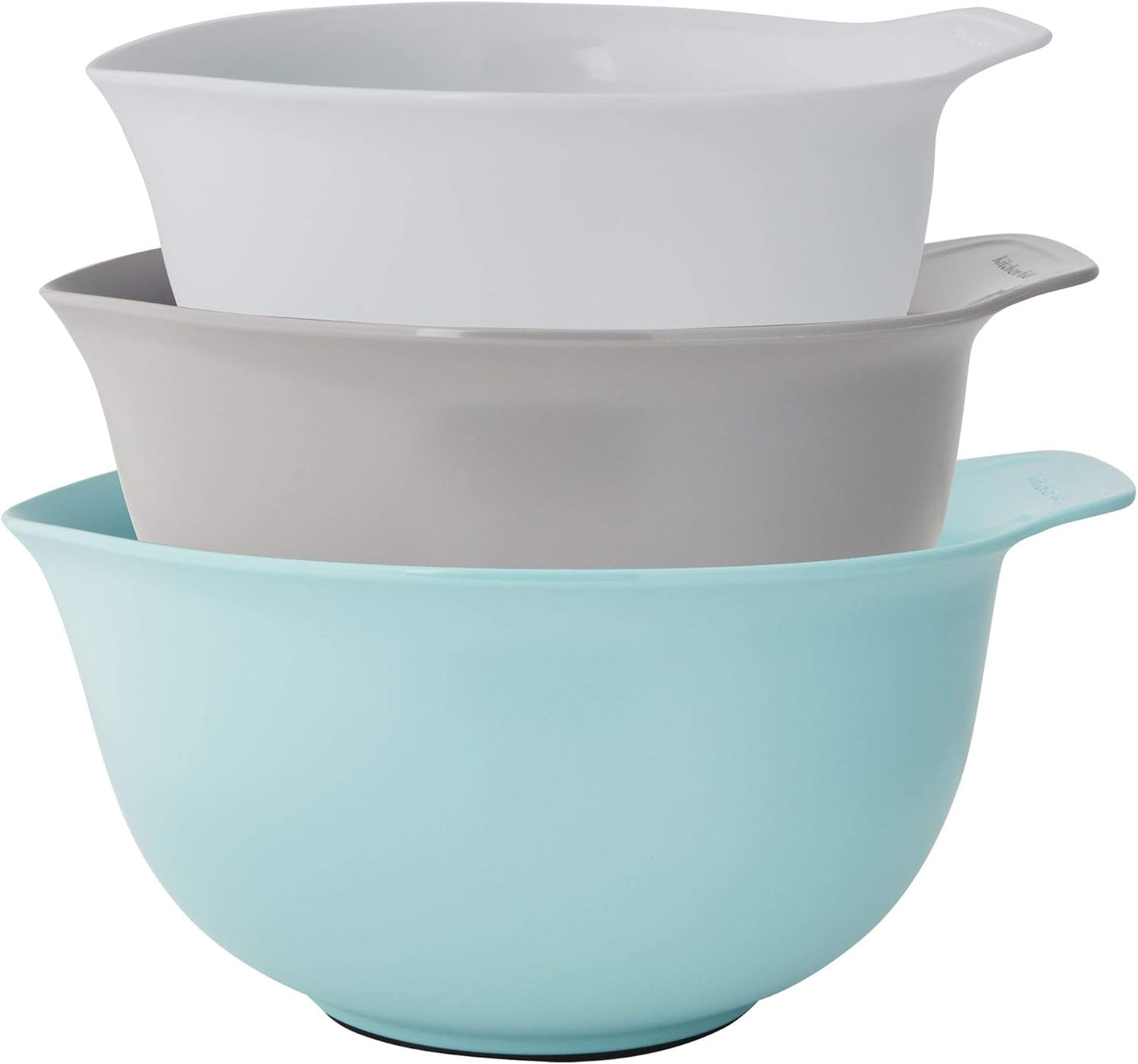 KitchenAid Universal Nesting Plastic Mixing Bowls, Set Of 3, 2.5 quart, 3.5 quart, 4.5 quart, Non Slip Base with Easy Pour Spout to Reduce Mess, Dishwasher Safe, Aqua Sky, White, Gray