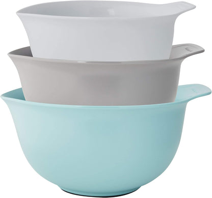 KitchenAid Universal Nesting Plastic Mixing Bowls, Set Of 3, 2.5 quart, 3.5 quart, 4.5 quart, Non Slip Base with Easy Pour Spout to Reduce Mess, Dishwasher Safe, Aqua Sky, White, Gray