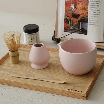 Matcha Whisk Set, Ceramic Matcha Bowl & Whisk Holder, Bamboo Accessory, Modern Design (Matte Crème, Pouring Spout) (Matte Crème)