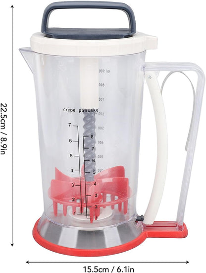 Pancake Batter Dispenser, 900ml Multifunction Manual Batter Separator with Squeeze Handle Mixing Function and Measuring Scale Baking Tool for Pancakes, Waffles, Muffins, Crepes & Cupcakes