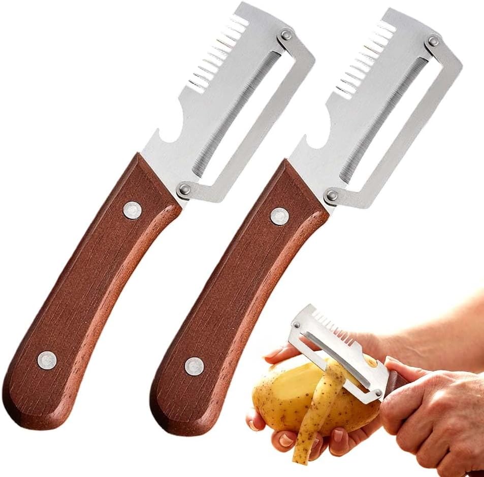 Premium Vegetable Peeler, Multi-Functional Vegetable Peeler with Wooden Handle and Bottle Opener, Kitchen Gadgets Tool for Fruit Pumpkin Peeling Carrot Potato Veggie Peeler (2PCS)