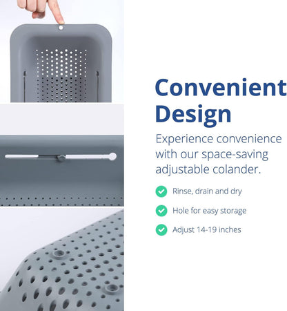 Over the Sink Colander Strainer Basket - Wash Vegetables and Fruits, Drain Cooked Pasta and Dry Dishes - Extendable - New Home Kitchen Essentials (White)