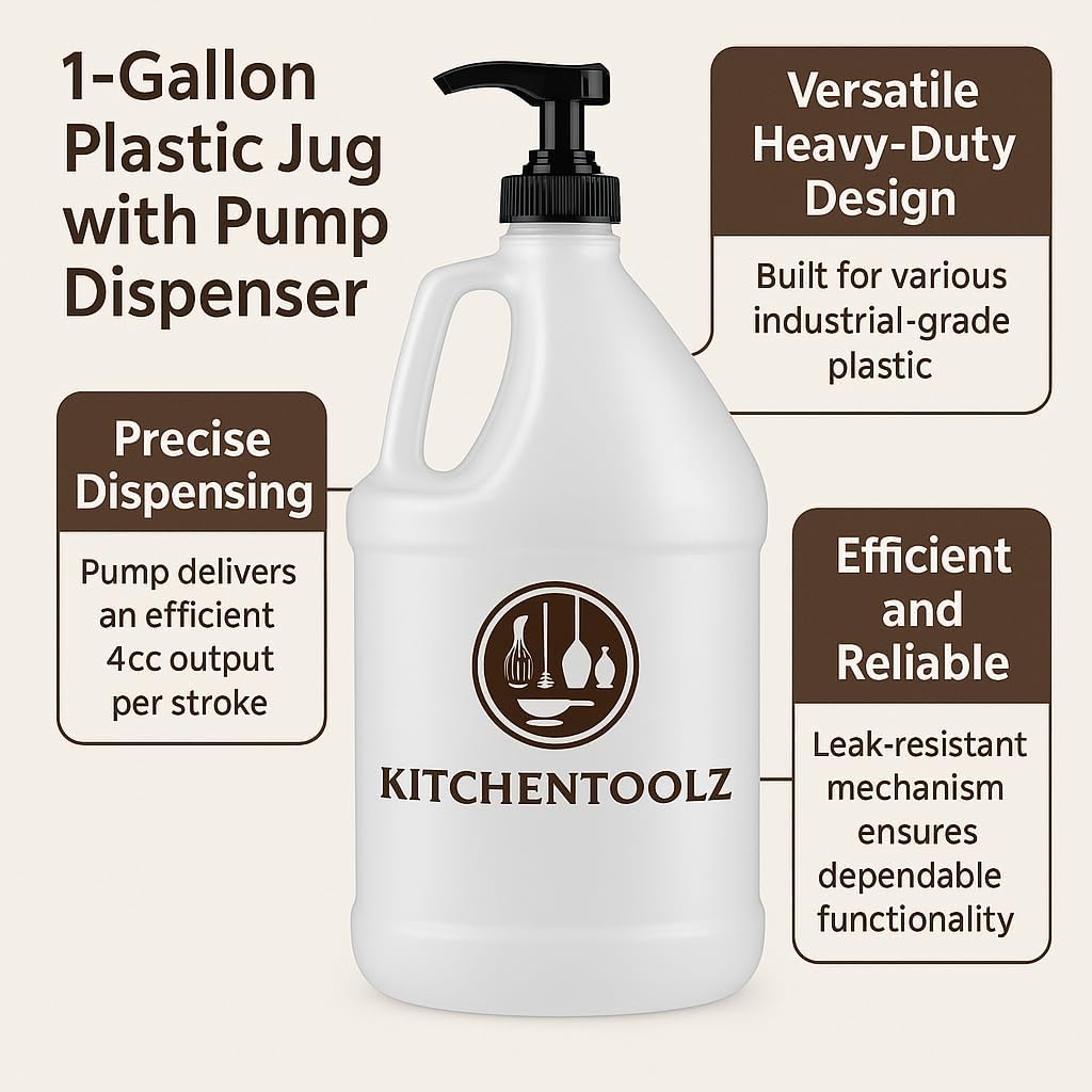 Kitchentoolz 1-Gallon Plastic Jug with Pump Dispenser - Ideal for Epoxy Resin, Laundry Detergent, Liquid Soap, Snow Cone Syrup, Batter