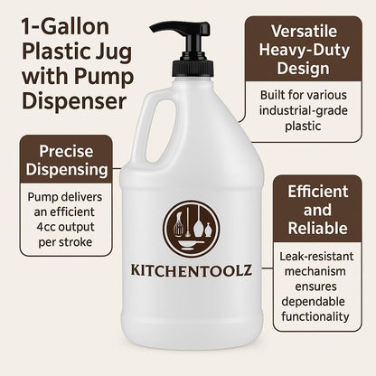 Kitchentoolz 1-Gallon Plastic Jug with Pump Dispenser - Ideal for Epoxy Resin, Laundry Detergent, Liquid Soap, Snow Cone Syrup, Batter