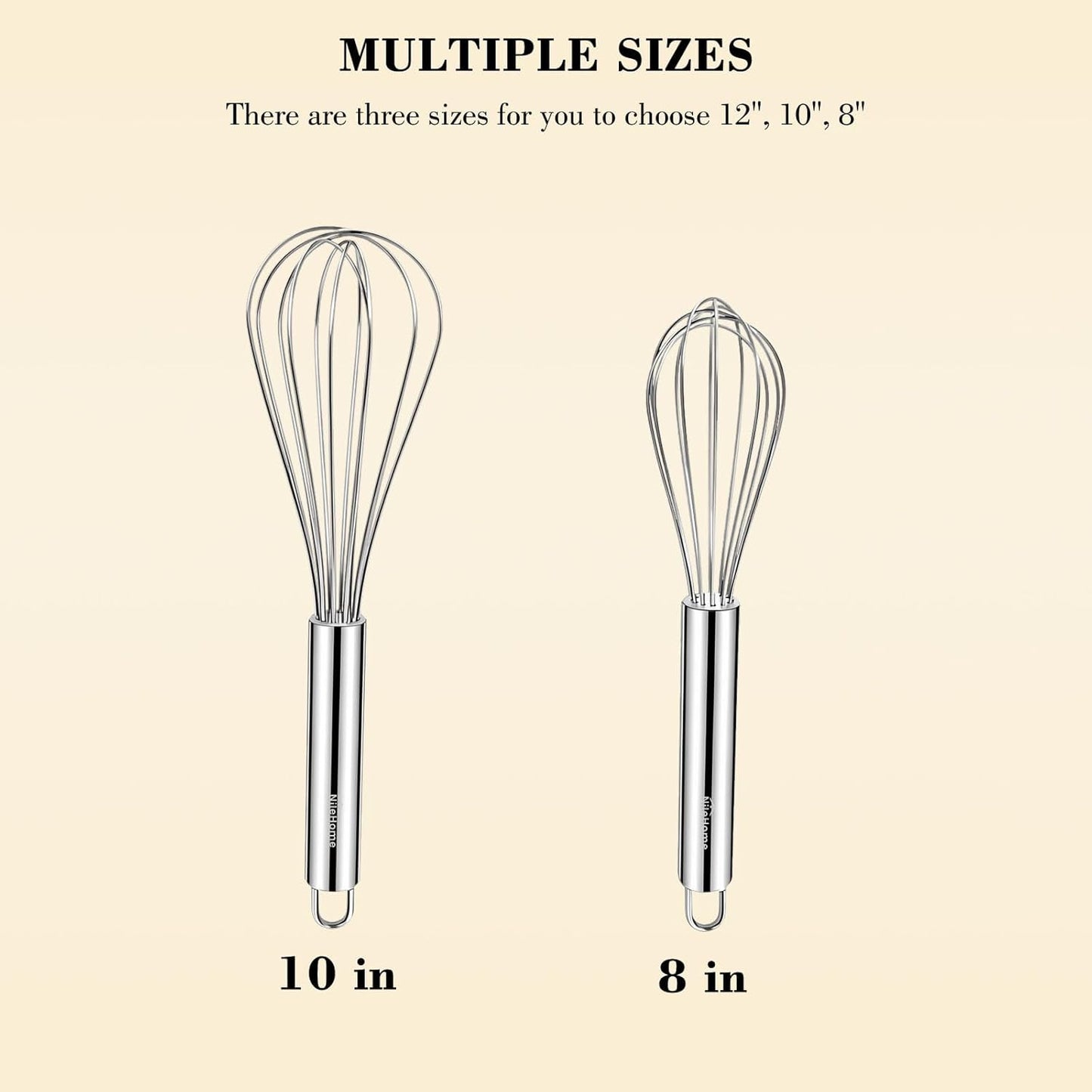 NileHome Stainless Steel Whisk 8" Hand Blender + 10" Semi-Automatic Rotary Kitchen Whisk Kitchen Wisk Wire Whisks for Cooking, Whisking, Blending, Beating, Stirring- 2 Pack...