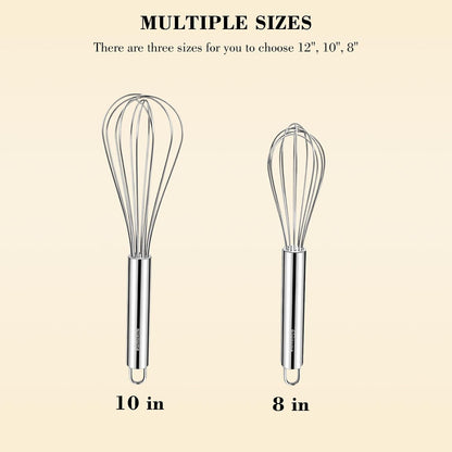 NileHome Stainless Steel Whisk 8" Hand Blender + 10" Semi-Automatic Rotary Kitchen Whisk Kitchen Wisk Wire Whisks for Cooking, Whisking, Blending, Beating, Stirring- 2 Pack...