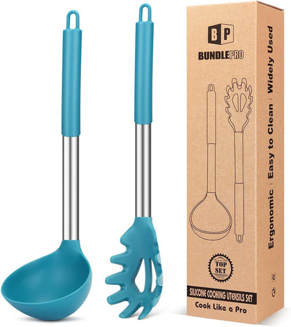 Silicone Pasta Fork and Ladle Spoon Set, Large Non Stick Kitchen Utensils for Cooking,Stirring,Serving Spaghetti, Soup, Sauce (GRAY)