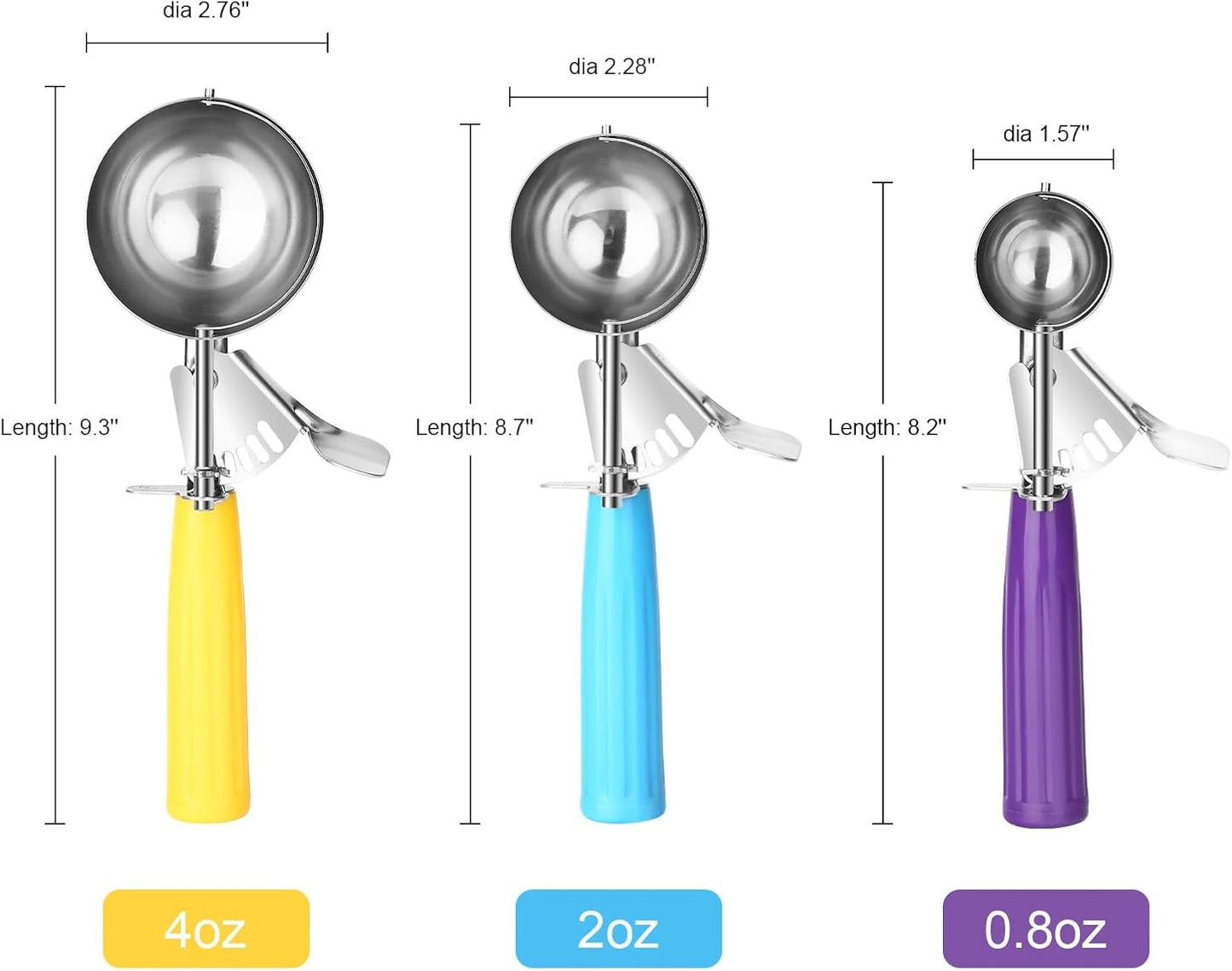 Ice Cream Scoop with Trigger, Cookie Scoops Set of 3 Portion Scoop 18/8 Stainless Steel Cupcake Measuring Scoop for Cookie Dough Cupcake Batter Ice Cream (4 oz + 2 oz + 0.8 oz)
