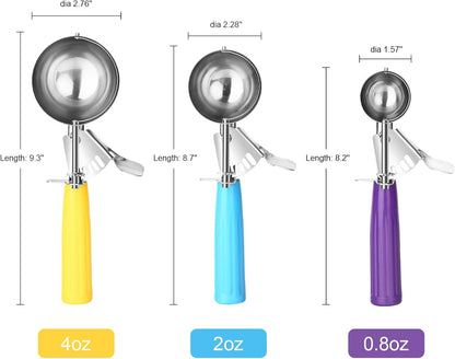 Ice Cream Scoop with Trigger, Cookie Scoops Set of 3 Portion Scoop 18/8 Stainless Steel Cupcake Measuring Scoop for Cookie Dough Cupcake Batter Ice Cream (4 oz + 2 oz + 0.8 oz)