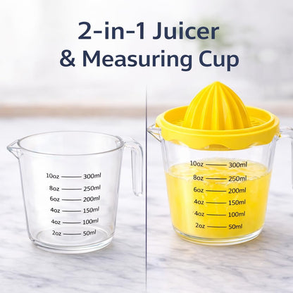 Manual Citrus Juicer with 10oz 300ml Measuring Cup, Lemon Lime Orange Reamer with Built-In Strainer, BPA Free Hand Squeezer with Pour Spout & Handle