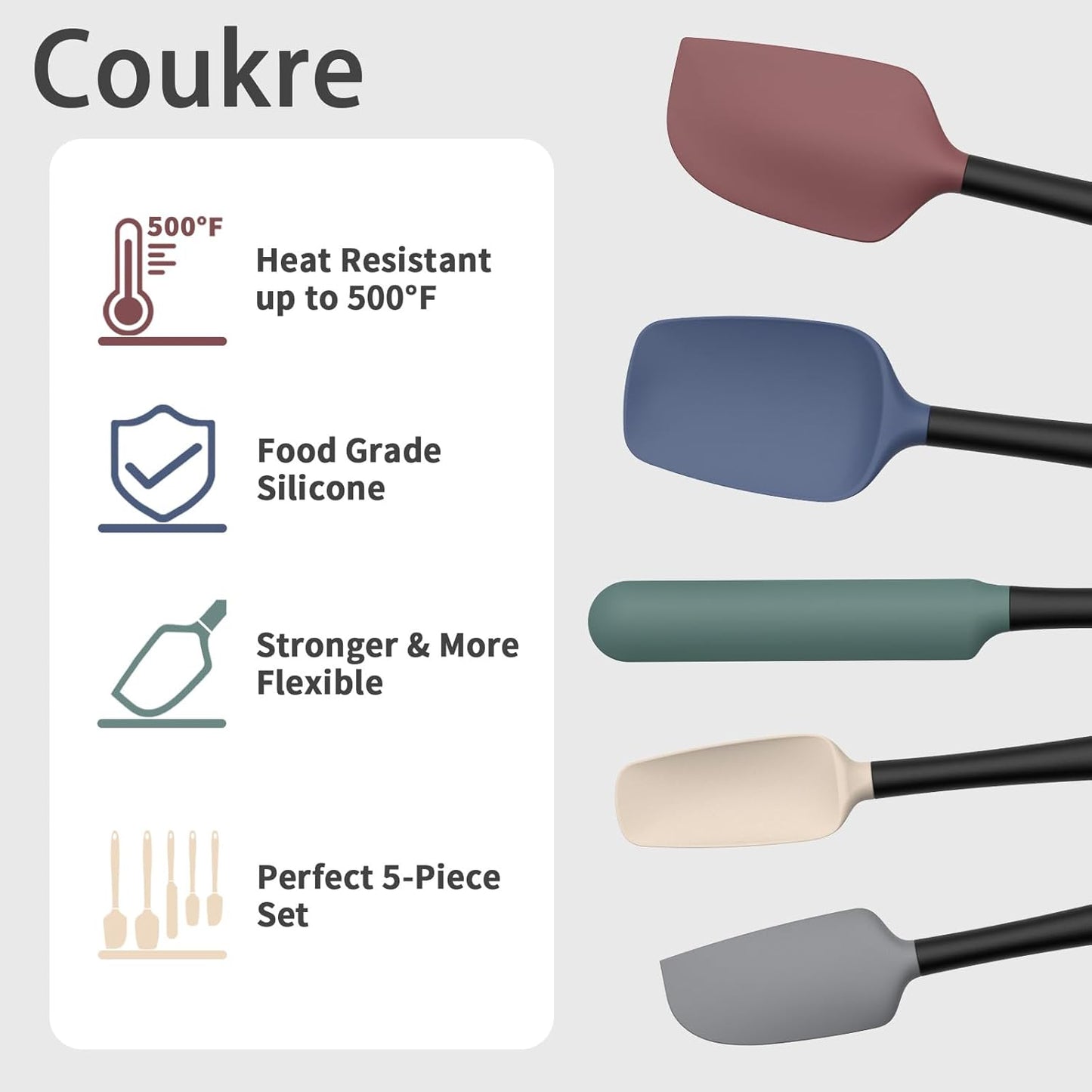 Coukre Silicone Spatula Set of 5,High Temperature Resistant, Food Grade Silicone, Dishwasher Safe, for Baking, Cooking (Aqua Green)