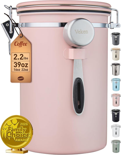 Veken Coffee Canister, Airtight Stainless Steel Kitchen Food Storage Container with Date Tracker and Scoop for Beans, Grounds, Tea, Flour, Cereal, Sugar, Cookie, 16OZ, Cream