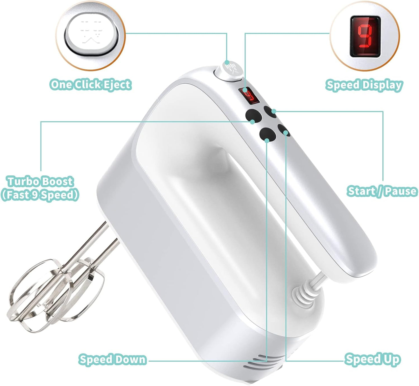 Yomelo 9-Speed Digital Hand Mixer Electric, 400W Powerful DC Motor, Hand Mixer Electric Handheld with Snap-On Storage Case, 5 Stainless Steel Accessories, Beaters, Dough Hooks, Whisk(Ice Blue/Black)