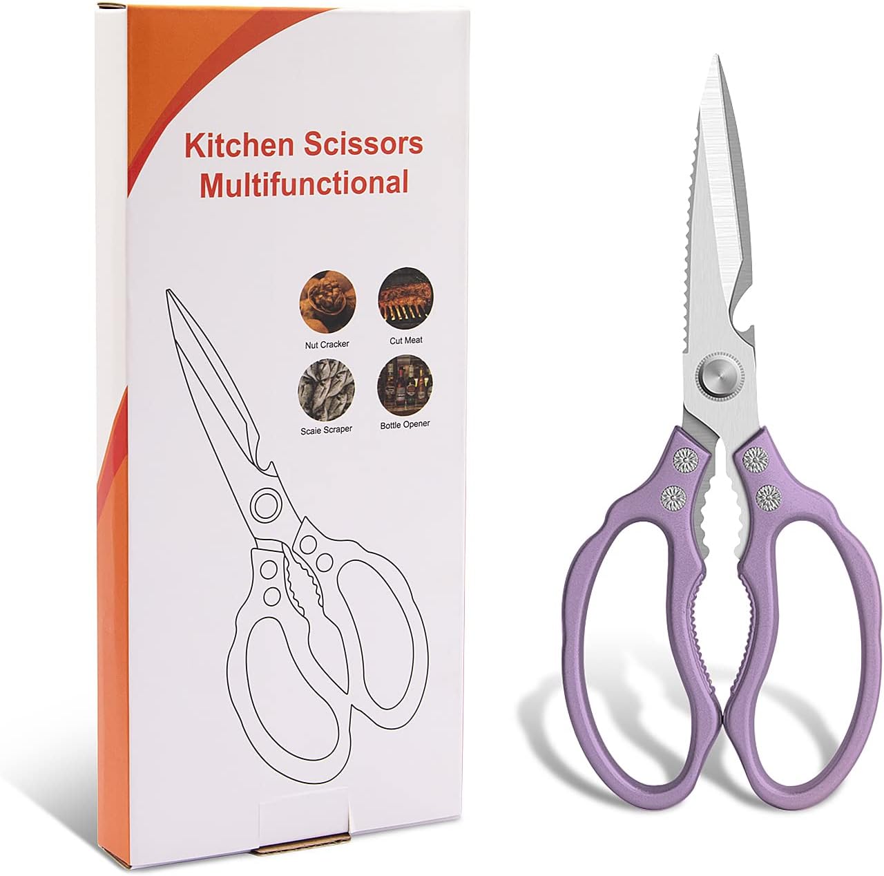 CGBE Kitchen Scissors, Multi-Purpose Kitchen Shears, Heavy Duty Dishwasher Safe Food Scissors for Chicken, Poultry, Fish, Meat & Herbs with Non-Slip Grips - Sliver