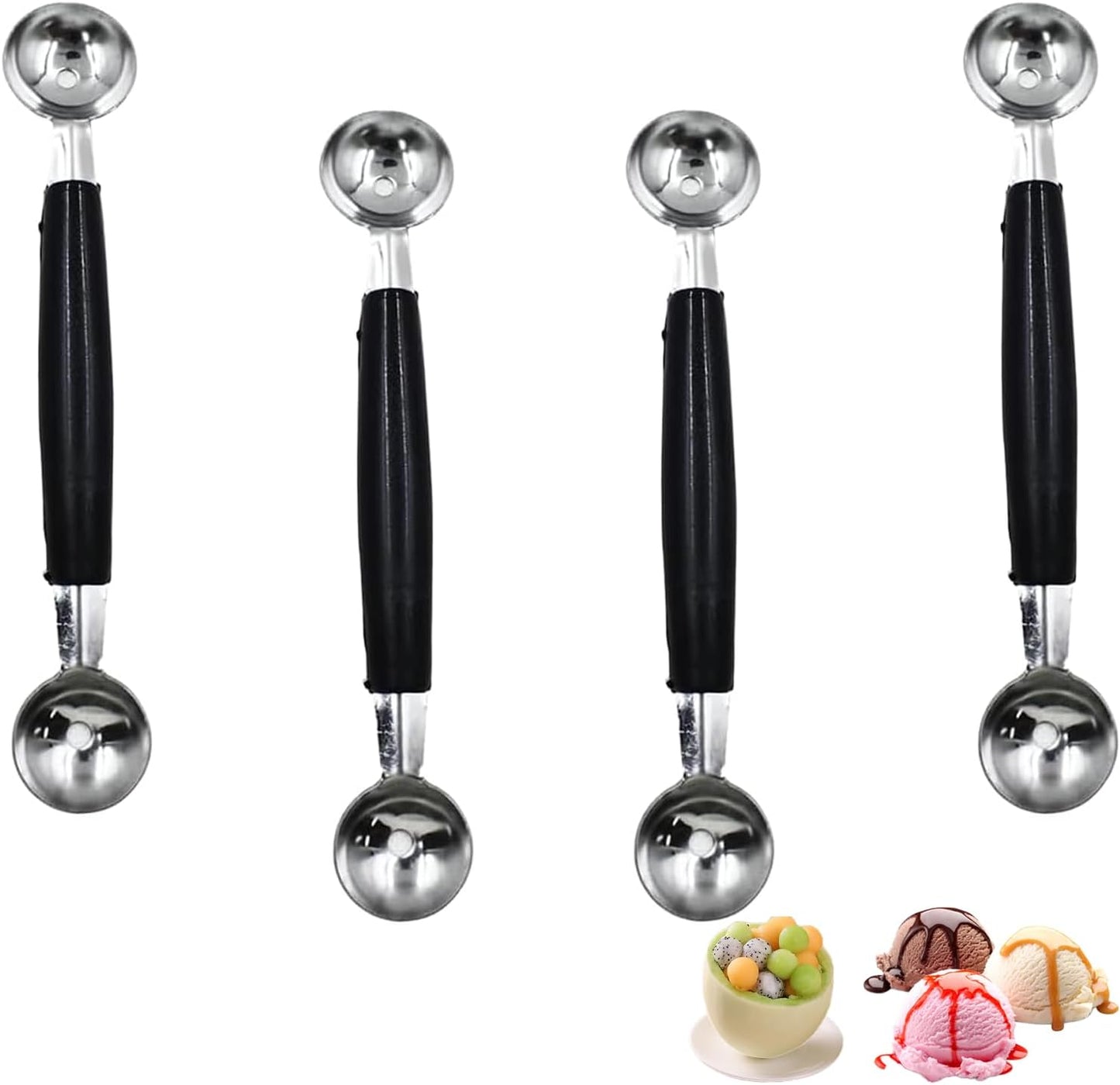 4 Pcs Double Ended Headed Fruit Icecream Ball Spoon,Stainless Steel Melon Baller,Smooth Round Melon Balls Melon Scoop for Watermelon/Ice Cream/Fruits/Sorbet/Meatball
