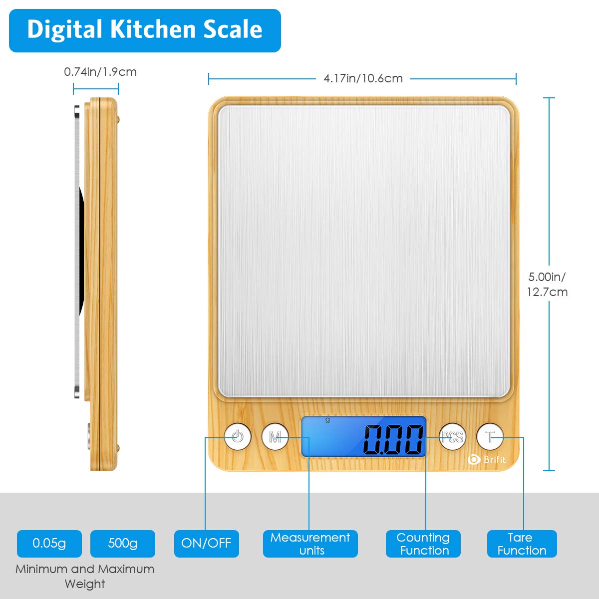(Upgraded) AMIR Digital Kitchen Scale, 500g Mini Pocket Jewelry Scale, Food Scale, Coffee Scale, Back-Lit LCD Display, 2 Trays, 6 Units, Auto Off, Tare, PCS, Stainless Steel (Batteries Included)
