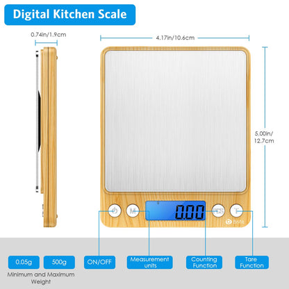 (Upgraded) AMIR Digital Kitchen Scale, 500g Mini Pocket Jewelry Scale, Food Scale, Coffee Scale, Back-Lit LCD Display, 2 Trays, 6 Units, Auto Off, Tare, PCS, Stainless Steel (Batteries Included)
