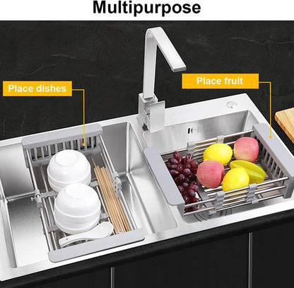 LUEXBOX Expandable Dish Drying Rack Over The Sink, Stainless Steel Drainer Basket with Adjustable Arms for Vegetable and Fruit (Grey)