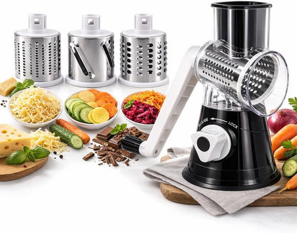 Rotary Cheese Grater, Manual Hand Crank Cheese Shredder with 3 Stainless Steel Drum Blades, Vegetable Slicer for Potato Nuts Chocolate, Easy Clean Kitchen Grater, Compact Black Design
