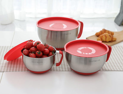 Rorence Stainless Steel Non-Slip Mixing Bowls With Pour Spout, Handle and Lid, Set of 3, Black