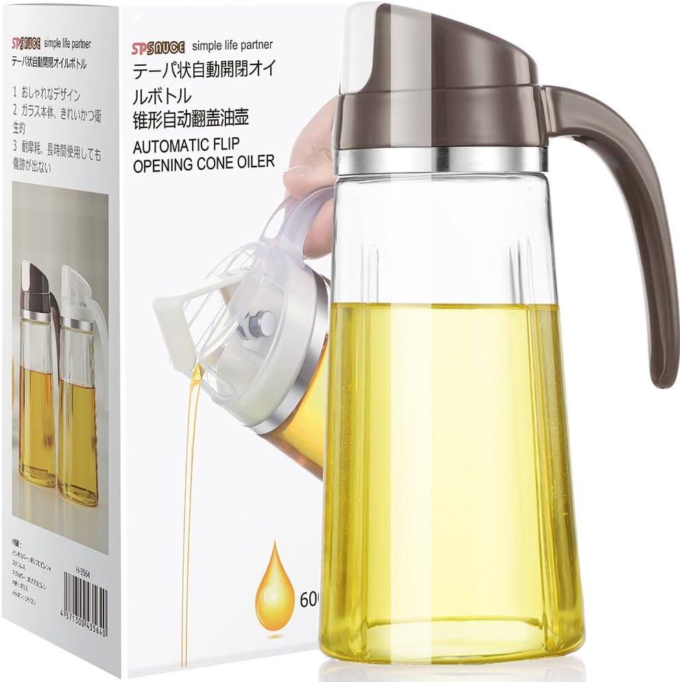 Marbrasse Oil Dispenser for Kitchen,20 OZ /600ml Leakproof Glass Oil Bottle with Auto Flip Cap,Olive Oil Container for Kitchen Cooking (White)