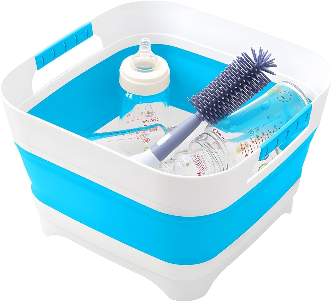 2.6 Gal/10L Collapsible Wash Basin with Drain Plug, Portable Foldable Dish Tub, Large Capacity Space-Saving Sink for Baby Bottles, RV, Camping, Kitchen, Travel & Outdoor Use