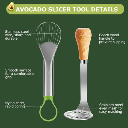 Avocado Slicer Tool 3 in 1, Stainless Steel Avocado Cutter Tool Set, Avocado Masher & Avocado Peeler Tools, Multi-Function Avocado Smasher Tools for Slicing, Scooping and Pit Removal